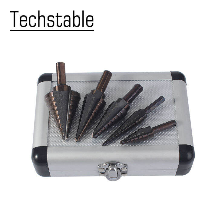 5pcs-metricinch-hss-cobalt-step-drill-bit-set-multiple-hole-50-sizes-with-aluminum-case