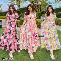 MM18657 เดรสอกห่วง กระโปรงยาว ลายดอกไม้ Dress with hoops, long skirt, flower pattern..