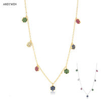 ANDYWEN 925 Sterling Silver Gold Colorful Zircon Crystal Round Flower Charms Pendant Choker Necklace Long Chain Women Fine Jewer