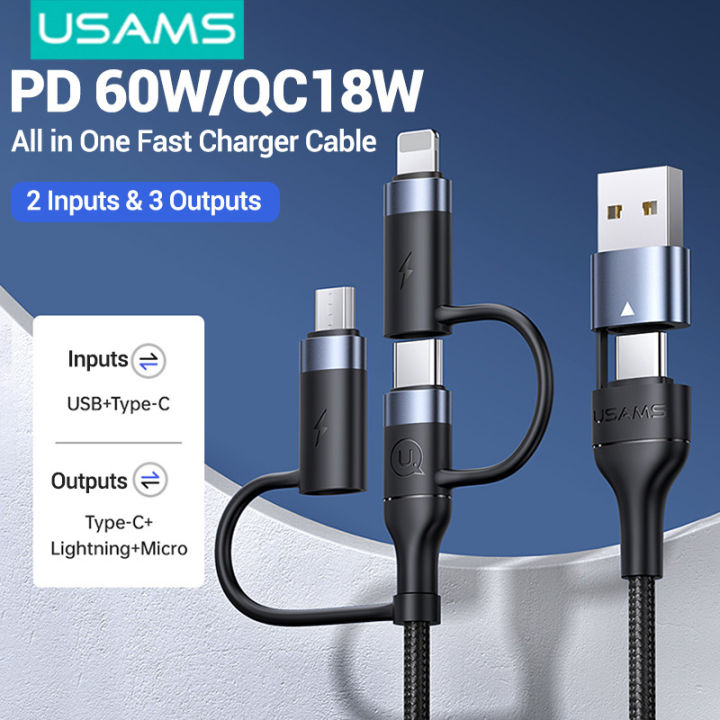 USAMS dây sạc 3 đầu sạc nhanh PD60W cáp sạc nhanh 3 trong 1 Charging Data  Cable dây sạc đa năng USB+Type-C to Lightning+Type-C+Micro Adapter For  Samsung/OPPO/Vivo/Huawei/iPhone/Xiaomi 