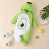 Lovely Avocado Baby Girl Clothes Patchwork Single Breasted Long Sleeve Bow Hooded Baby Romper Warm Baby Boy Clothes Winter 0-18M