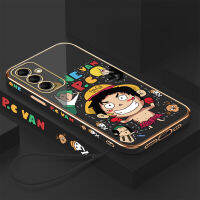 เคสปลอกสำหรับ Samsung M14 5G M14 5G (ฟรีสายคล้อง) ลายการ์ตูนลูฟี่ขอบสี่เหลี่ยมเคลือบเคสโทรศัพท์อนิเมะสุดหรูชุบเคสโทรศัพท์นิ่ม