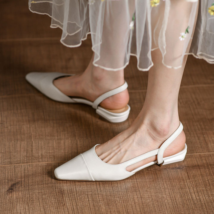 รองเท้าแตะครึ่งเท้าของผู้หญิง-กระโปรงจีบทำมือพื้นเรียบหัวสี่เหลี่ยม