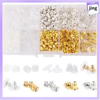 JING 1040 Pcs สไตล์10 ต่างหูหลังสำหรับกระดุม สีทองสีเงิน ใสสะอาด ด้านหลังต่างหูยางโลหะ งานฝีมือเครื่องประดับอัญมณี ซิลิโคนทำจากซิลิโคน ชุดอะไหล่ตัวหยุด สำหรับทำเครื่องประดับ