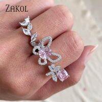 ZAKOL Fashion Pink Cubic Zirconia Butterfly Open Rings for Women Girls 2023 New Ins Exquisite Anniversary Party Jewelry RP5336