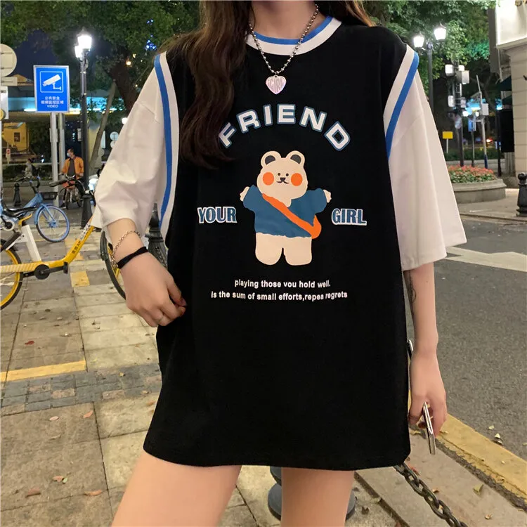 Girl's Cotton Short-Sleeved T-shirt Women's Summer Clothes Junior High  School Students Loose Clothes Fake Two-Piece Ball Uniform Sports Top |  Lazada