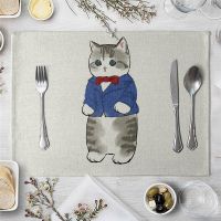 1 Pcs Cute Funny Cat Pattern Kitchen Placemat Dining Table Mats Drink Coasters Western Pad Cotton Linen Cup Mat Silicone Mat