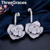 ThreeGraces Famous nd Cubic Zirconia Pave Rose Flower Zirconia Crystal Big Drop Earrings For Women ER038