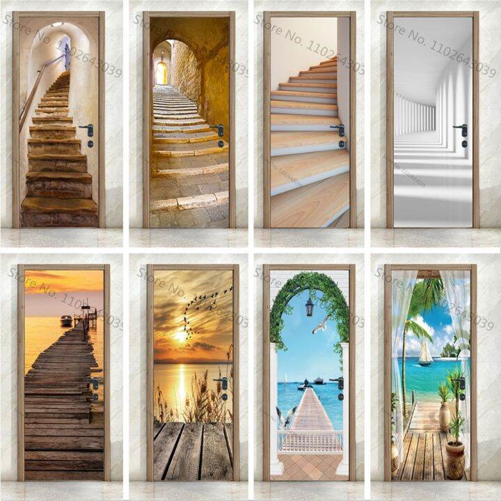 custom-size-3d-staircase-steps-door-stickers-self-adhesive-waterproof-modern-scenery-home-room-door-wrap-mural-cover-wallpaper