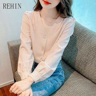 REHIN ผู้หญิงคลาสสิกลายสก๊อต V คอยาวแขนเสื้อฤดูใบไม้ร่วงใหม่เกาหลีรุ่น Casual สไตล์อังกฤษโคมไฟแขนเสื้อ Elegant