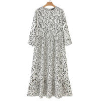 Women White Dots Print Maxi Dress 2020 Pleated Three Quarter Sleeve Female Casual Straight Dresses Chic Ankle Length Vestidos