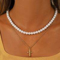 Fashion Luxury Pearl Stainless Steel Golden Cross Double Necklace For Women Jewelry Birthday Party Gifts