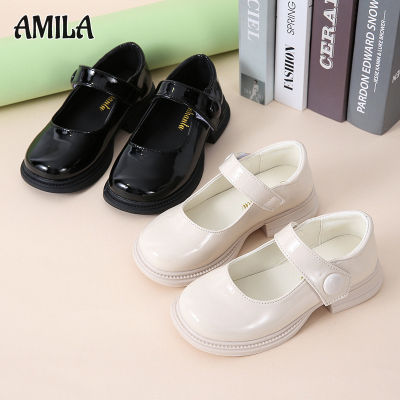 AMILA รองเท้าหนังสำหรับเด็กผู้หญิง,รองเท้าพื้นรองเท้านุ่มสีขาวสไตล์มหาลัยรองเท้าสำหรับเด็กสีดำรองเท้าเจ้าหญิง