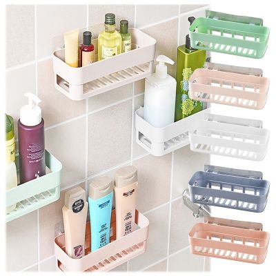 New Hot Wall-mounted Plastic Storage Shelves Racks Rectangle Hollow Drain Bathroom Amenities Storage Rack With Adhesive Hook Bathroom Counter Storage