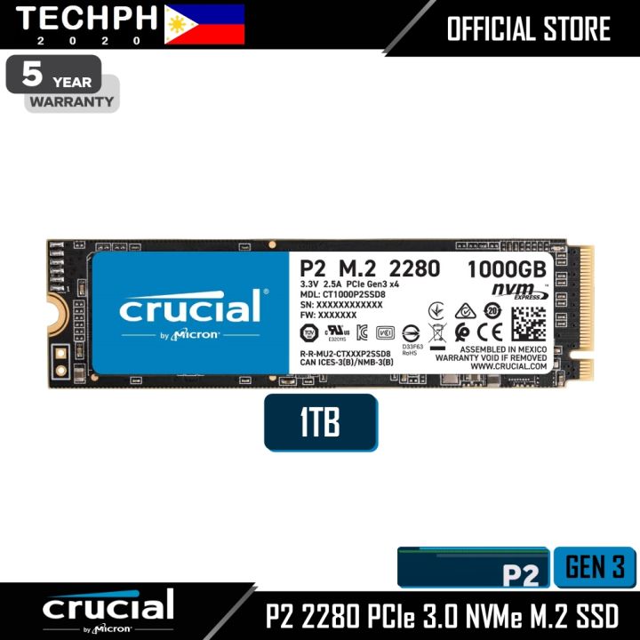 Crucial P2 1TB 3D NAND NVMe PCIe M.2 SSD Up to 2400 MB/s - CT1000P2SSD8 