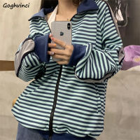 Women Basic Jackets Spring Fall Casual Zipper Striped Outwear Vintage Long Sleeve All-match Harajuku Preppy Chic Design Mujer BF