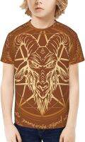 Kids T-Shirt Short Sleeve Baphomet Horned Goat Golden Satanic Boys Girls Tee Shirts Tops