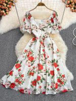 【HOT】◎♕✇ Floral Female V-Neck Short Sleeve Waist Beach Vestido Robe New