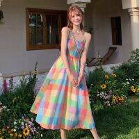 Rainbow color skirt with shoulder-straps summer new collect waist show thin temperament checked holiday strapless dress with advanced sense of color