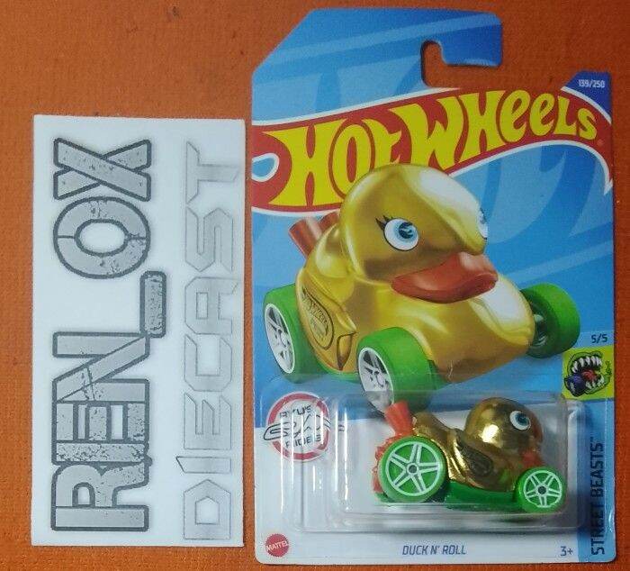 Hot Wheels Duck N' Roll - Street Beasts 5/5 - Modèle Treasure Hunt 2022 - Canard Doré Métallique - Collection Ryu's Rides