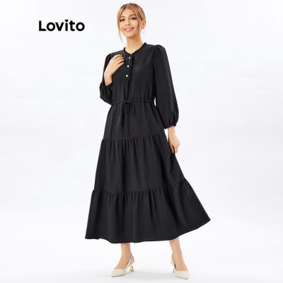 Lovito Muslim Plain Plicated Stand Collar Button Front Cool Feeling Dress L26ED039 (Black)
