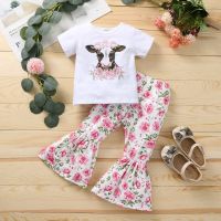 ZZOOI Kids Outfits Infant Baby Girl Short Sleeve Cartoon Print Tops Floral Flare Pants Clothes Set 2PCS Girls Sweatsuit Set