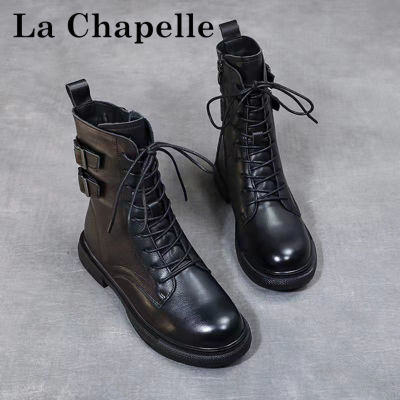 La Chapelle หนังวัวชั้นแรกรองเท้าบูท Martin ผู้หญิง2022พื้นหนารองเท้าบู้ทสไตล์อังกฤษใหม่ Sepatu BOOT Pendek รองเท้าบูทฤดูใบไม้ผลิและฤดูใบไม้ร่วง