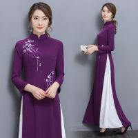 3109เดิม Ao Dai ผู้หญิงสไตล์จีนอารมณ์ที่ดีขึ้น Cheongsam ยาวชุดย้อนยุคชุดน้ำชา