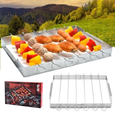 Big Size Barbecue Forks Outdoor Flat Durable Tool Reusable Grilling Stainless Steel Sticks Simple Rack Include 6 pcs BBQ Skewers