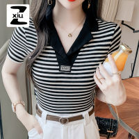 ZXIU ฤดูร้อนเอวตัวอักษร Applique Tshirt สุภาพสตรีเกาหลีแฟชั่น M-5XL เสื้อยืดสีดำสีขาว Polo Collar Top Tee ผู้หญิง