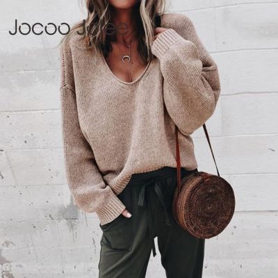 Jocoo Jolee ผู้หญิงเซ็กซี่แขนยาวคอวีถักเสื้อกันหนาวลําลองสีดําหลวมเสื้อคลุมวินเทจเสื้อกันหนาว Streetwear Jumper♧