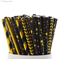 ☏﹉ Black Gold Foil Paper Drinking Straws Stripe Solid Stars Wave Biodegradable Metallic Drinking Wedding Decoration Birthday Party