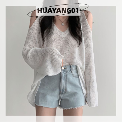 HUAYANG01เสื้อสเวตเตอร์เปิดไหล่คอวีเซ็กซี่สำหรับผู้หญิงเสื้อสวมหัวแขนยาวลำลองสีพื้นสำหรับผู้หญิง2023