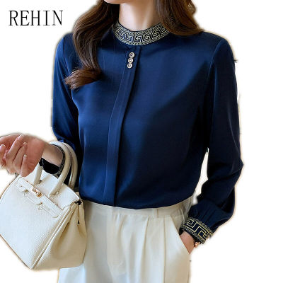 REHIN เสื้อเชิ้ตแขนยาวคอปกสูง,เสื้อเบลาส์ผู้หญิงดีไซน์คลาสสิกดั้งเดิมย้อนยุคผ้าซาตินปักลายเสื้อใหม่ฤดูใบไม้ผลิปี2022