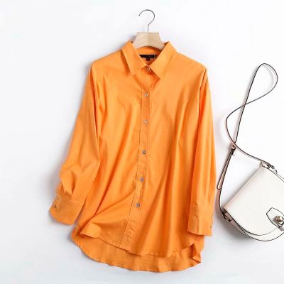 Tangada Women Orange Cotton Linen Oversized Long Shirt Blouse Chic Female Casual Loose Shirt Blusas Femininas 4C113