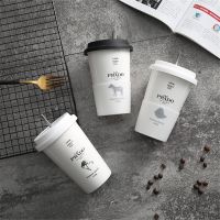 【XMAN Home Life】 แก้วกาแฟเซรามิกสุดชิคพร้อมฝาซิลิโคนพิมพ์ลายสีดำแบบพกพาถ้วยระบายชานมความจุมากของขวัญแก้วเครื่องดื่มสำนักงานโรงเรียน