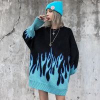 (Free Gift) Flame Crew Neck Knitwear Jacquard Mens Sweater Hip Hop Sweater Pullover Hipster Sweater Man Clothing