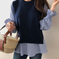 Spring Women Ruffled Long Sleeve Shirt+O Neck Pullover Sleeveless Vest Office Casual Knitted Vests Two Pieces Set T9D924M