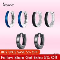 Bamoer Fashion Simple Round Ear Buckles for Women Genuine 925 Sterling Silver Blue Black OL Style Earrings Fine Party Jewelry