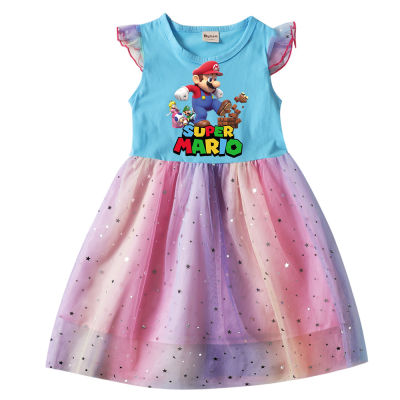 Super Mario Bros ชุดรุ้งลายการ์ตูนดวงจันทร์ดาวชุดเจ้าหญิงผ้าฝ้าย2-9ปีเสื้อเด็กวัยหัดเดินแขนยาวเสื้อผ้าเด็ก0000ฤดูใบไม้ผลิฤดูร้อน