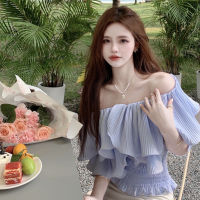 Thailand Seaside Vacation Chic Sweet Super Fairy Wooden Ear Ruffle Sleeve Chiffon Shirt Womens Pure Desire Off-Shoulder Top