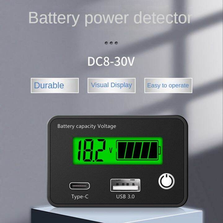 lead-acid-lithium-battery-capacity-indicator-car-digital-voltmeter-voltage-tester-dc8-30v-usb-type-c-green-screen