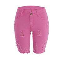 【hot】 Torn Ripped Tassel Denim Shorts Fashion Waist Five-point Pink Jean Bermudas Mujer