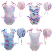 1 8Years Girls Kids Swimsuit Children Girl One Piece Swimwear Fishscale 2PCS Swimming Suit Swimming Cap Beachwear