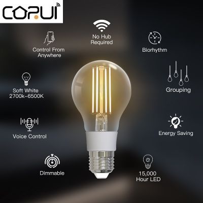 CORUI WiFi Smart Filament Bulb LED Light Lamp E27 Dimmable Lighting 2700K-6500K 806Lm Tuya Alexa Voice Control 90-250V 7W