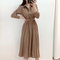 (Ready stock ship at the same day) Lapel single-breasted waist slimming pleated over-the-knee long-sleeved dress