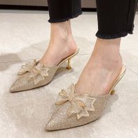 Sequins High Heeled Mules Shoes Women Luxury Designer Pointed Toe Crystal Slippers Woman Bowknot Party Wedding Shoes Ladies