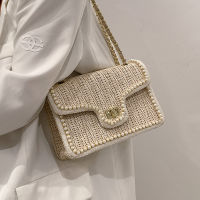 Weave Square Crossbody bag 2021 Summer New High-quality Straw Womens Designer Handbag Pearl Chain Shoulder Messenger Bag Purses