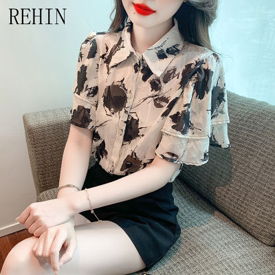 REHIN เสื้อเชิ้ตแขนสั้นพิเศษการออกแบบที่ไม่เหมือนใครเสื้อสตรีอินเทรนด์สไตล์วินเทจลายดอกไม้ฤดูร้อนใหม่สีดำ
