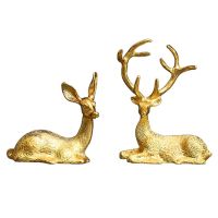 THLCF8 2 PCS Noble Couple Deer Statue Home Decor Collectible Animal Elk Figurines Office Ornaments Reindeer Golden Sculptures